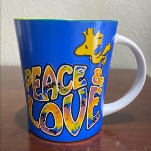 Blue Peace & Love Mug featuring Woodstock from the Peanuts Comic Strip